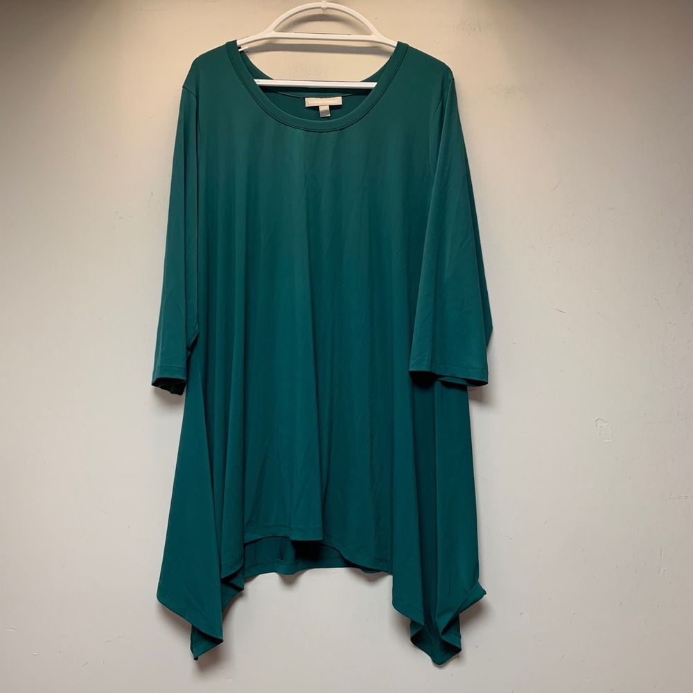 Woman Within Tunic Woman 1X Teal Excellent Sharkbite Hem 3/4 Sleeve Stretch